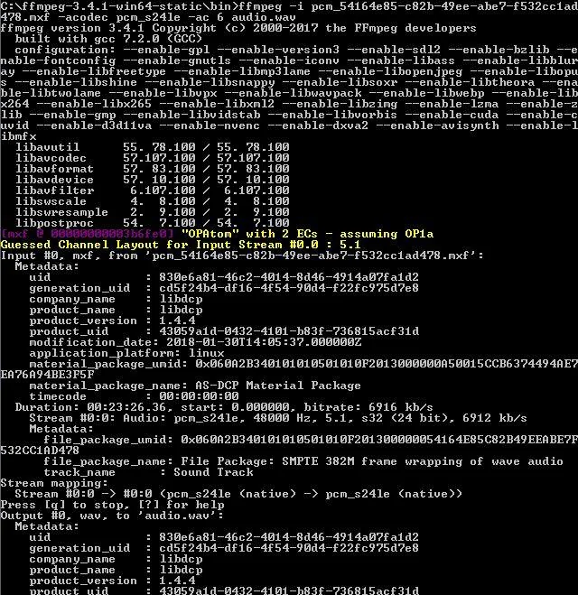 ffmpeg terminal output when extracting PCM from DCP MXF