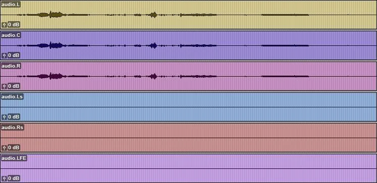 Pro Tools session showing L C R populated and surround tracks empty from Qube DCP